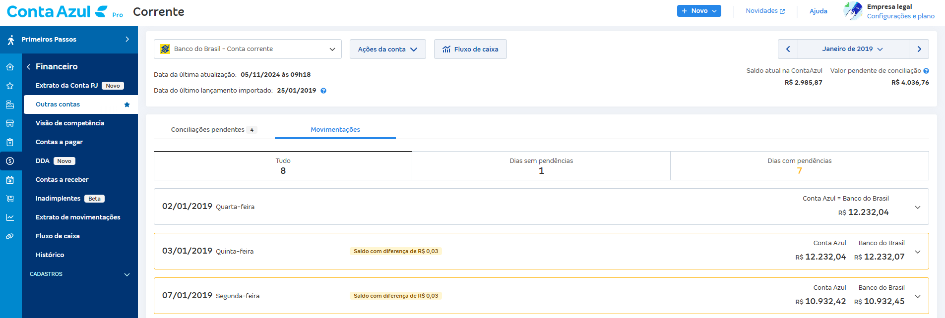Tela de Movimentações com destaque para a mensagem Saldo com diferença de R$.
