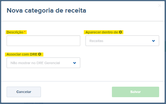 Tela de nova categoria de receita com destaque para os campos Descrição, Aparecer dentro de e Associar com DRE.