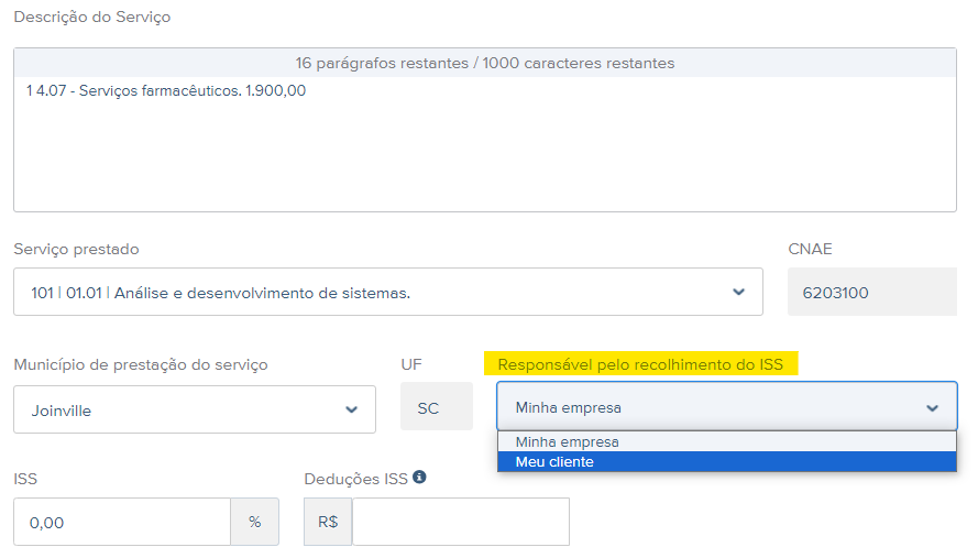 Tela de rascunho da NFS-e com destaque para o campo Responsável pelo recolhimento do ISS.