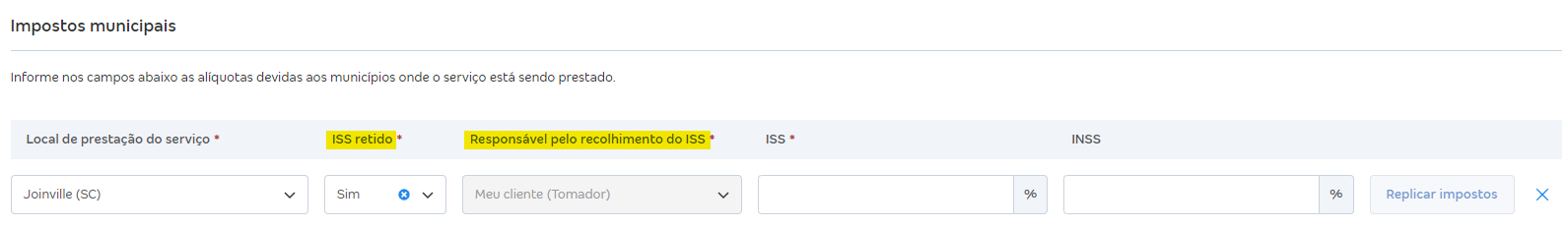 Tela de cadastro de serviço com destaque para os campos ISS retido e Responsável pelo recolhimento do ISS.