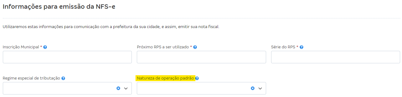Tela de configurações de NFS-e com destaque para o campo Natureza de operação padrão.