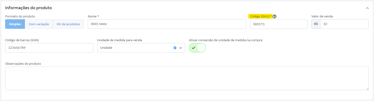 Tela de cadastro do produto com destaque para o campo SKU.png
