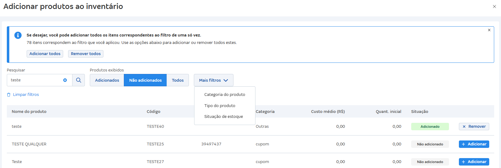 Tela de novo inventário com destaque para filtros de produtos.png