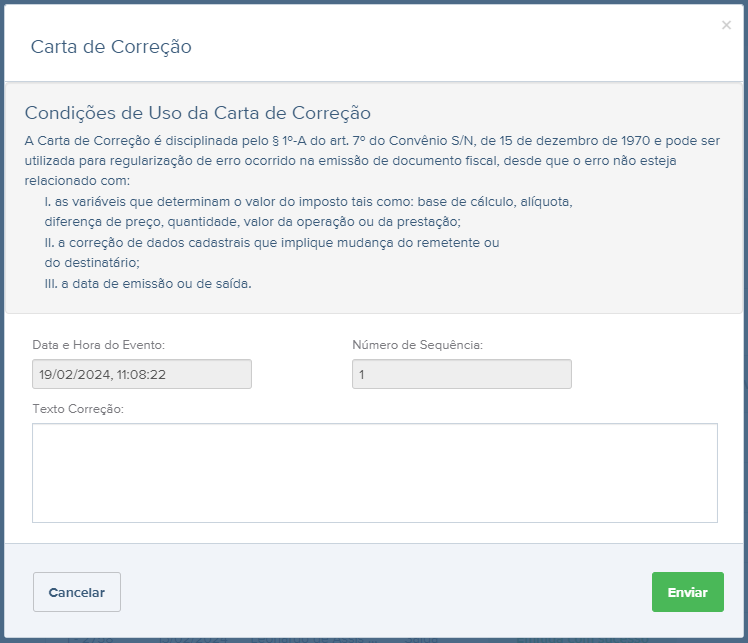 Tela de preenchimento dos campos de correção.