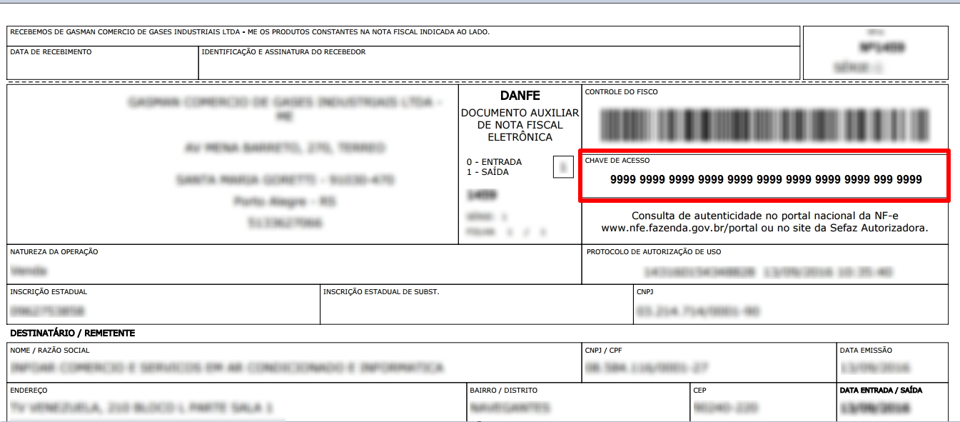 Tela PDF da nota fiscal com destaque para o campo Chave de acesso da NF origem.