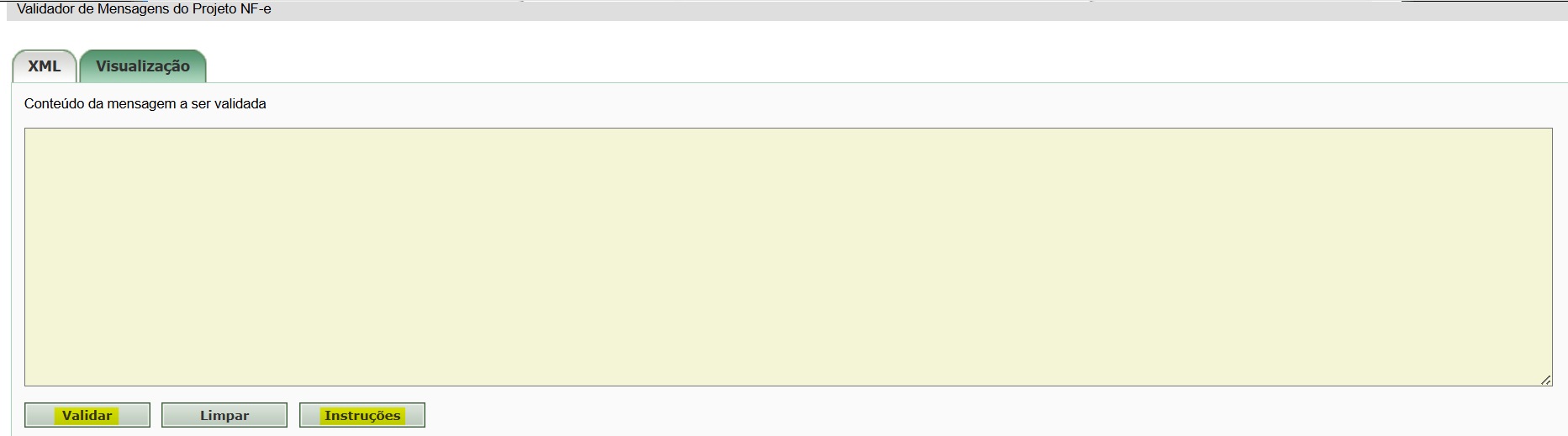 Tela de Validador de Mensagens do Projeto NF-e com destaque para validar e instruções.png