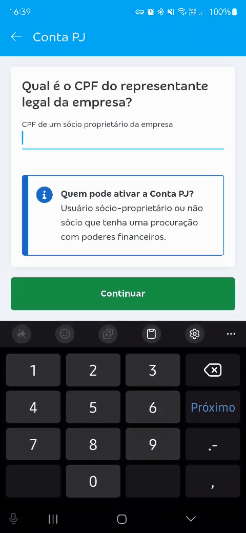 Passo a passo para preencher CPF e contrato social no cadastro da conta PJ.gif