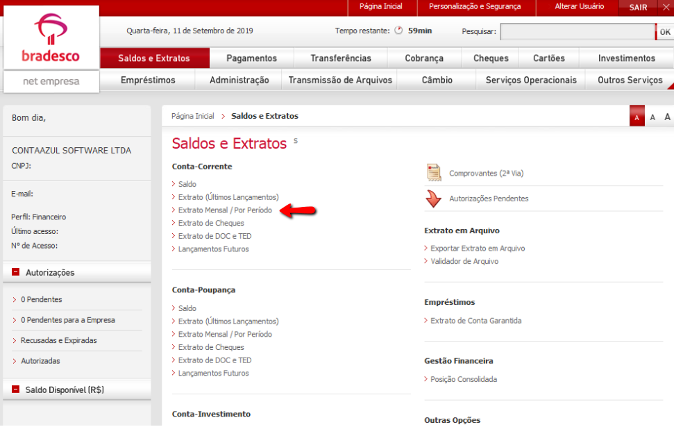 Tela do internet banking do Bradesco com destaque para o campo Extrato Mensal / Por Período.
