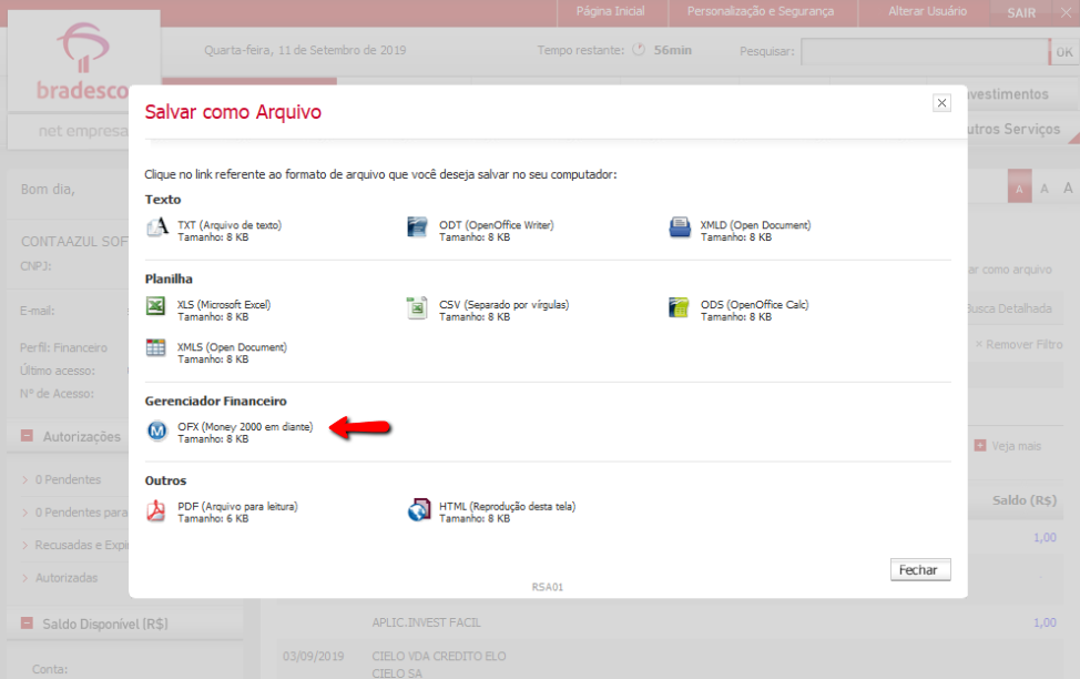 Tela do internet banking do Bradesco com destaque para o botão OFX (Money 2000 em diante).