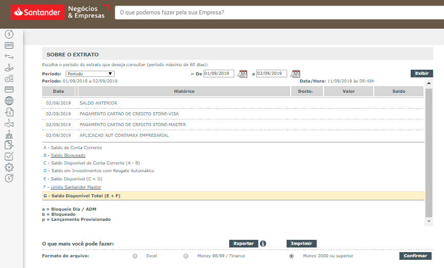Tela do internet banking do Santander com destaque para os botões Exportar, Money 2000 ou superior e Confirmar.