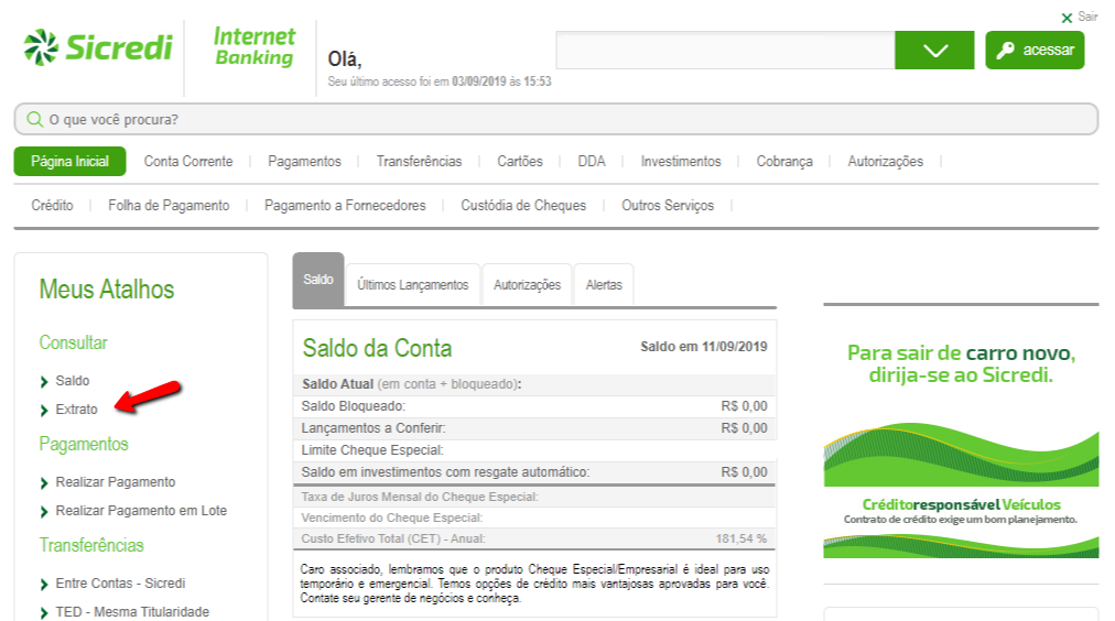 Tela do internet banking do Sicredi com destaque para o botão Extrato.