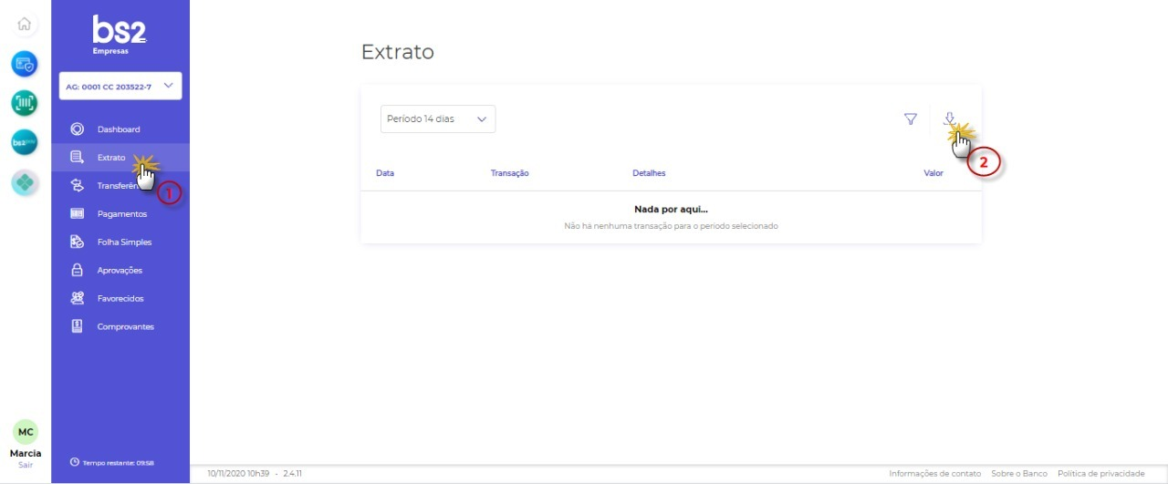Tela do internet banking do BS2 com destaque para os botões Extrato e Ícone de download.