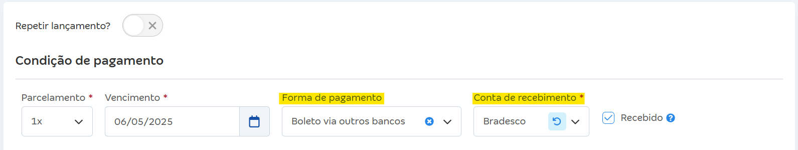 Tela de cond de pgto com destaque para a forma e conta de recebimento.png