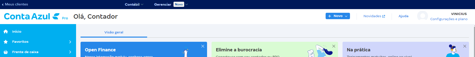 Tela de barra superior da Conta Azul Pro com o menu Contábil e Gerenciar.