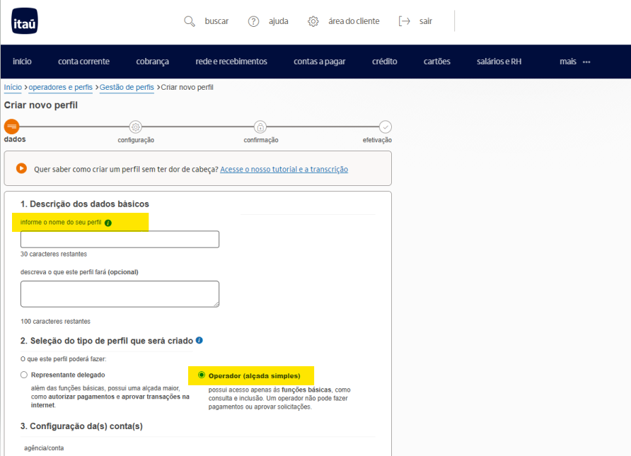 tela de descrição de dados básicos do perfil