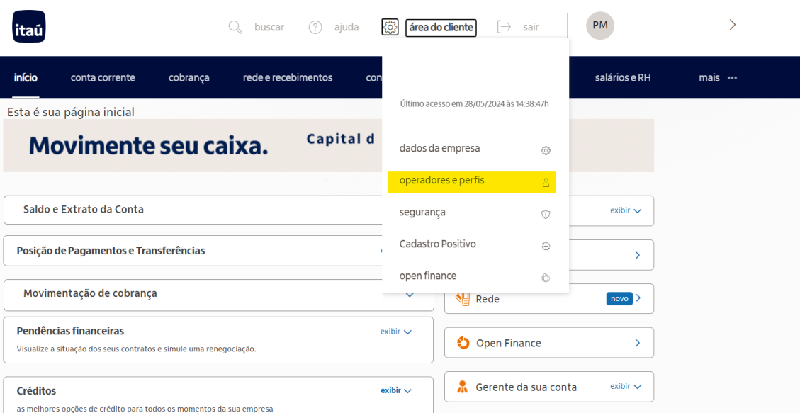 Tela de menu área do cliente