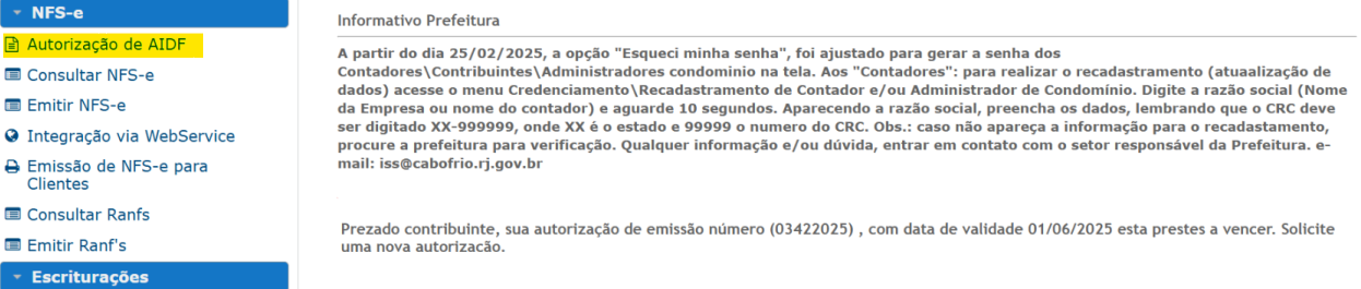 tela de menu de autorização AIDF