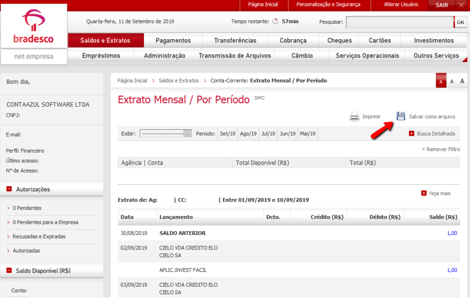 Tela do internet banking do Bradesco com destaque para o botão Salvar como arquivo.