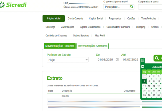 Tela de escolha do período