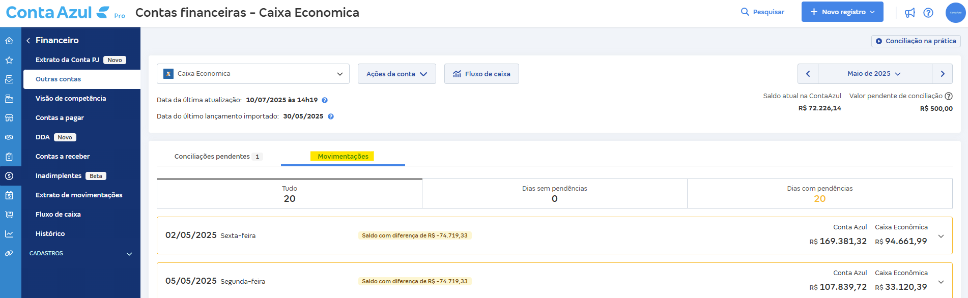 Tela de Movimentações com destaque para a mensagem Saldo com diferença de R$.