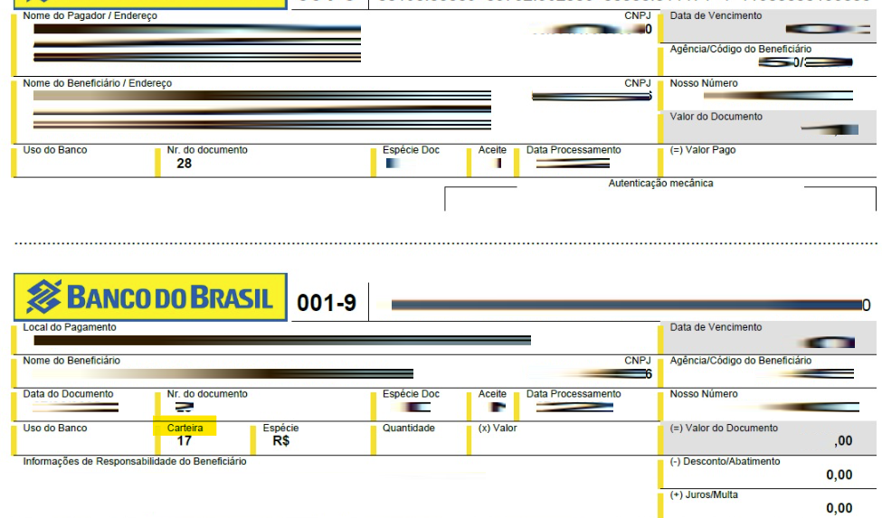 Tela modelo de boleto emitido pelo Banco do Brasil com destaque para os campos Carteira padrão e Variação da carteira.