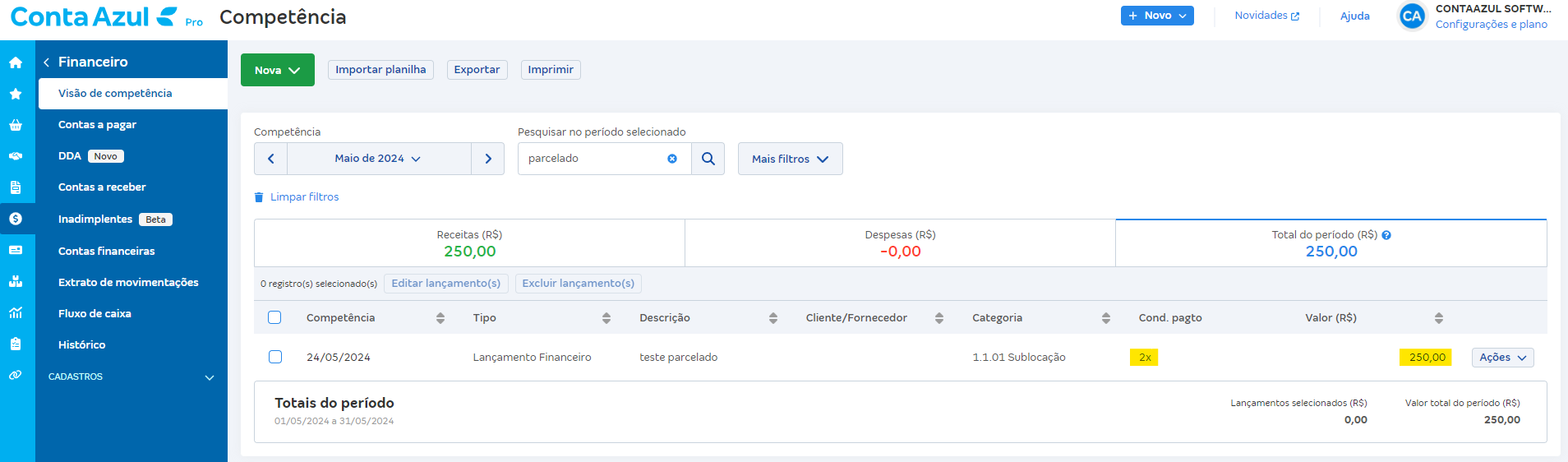 Tela de Visão de competência com destaque para os campos Cond pgto e Valor.