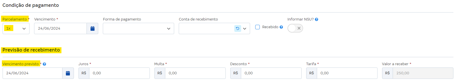 Tela de nova receita com destaque para os campos Parcelamento em 1x e Previsão de recebimento.