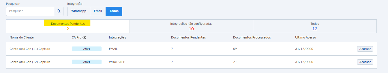 aba Documentos Pendentes onde é apresentado as contas com documentos que precisa de revisão