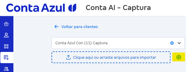 Tela com a engrenagem para configuração de e-mail e WhatsApp