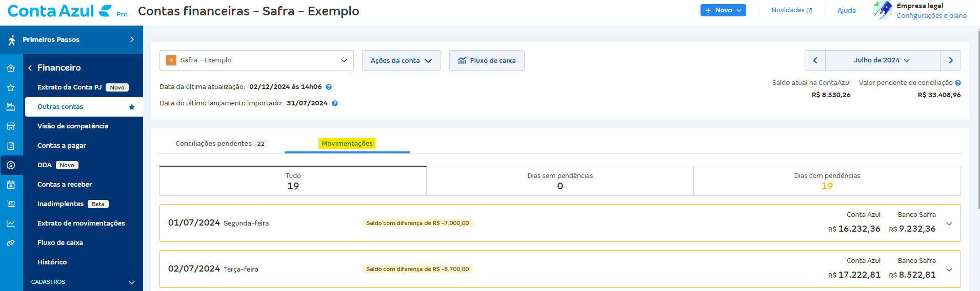 Tela de Movimentações com destaque para a mensagem Saldo com diferença de R$.