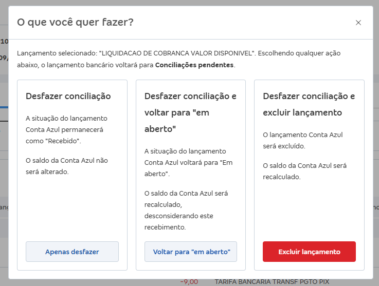 Tela de Desfazer conciliação com destaque para as opções apenas desfazer, voltar para em aberto e excluir lançamento.