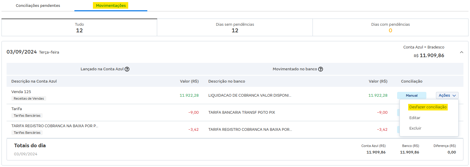 Tela de Movimentações com destaque para o botão Ações e Desfazer conciliação.