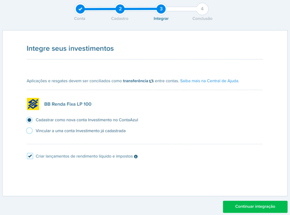 Tela de cadastro de conta corrente do Banco do Brasil com destaque para o botão de cadastrar nova conta investimento.