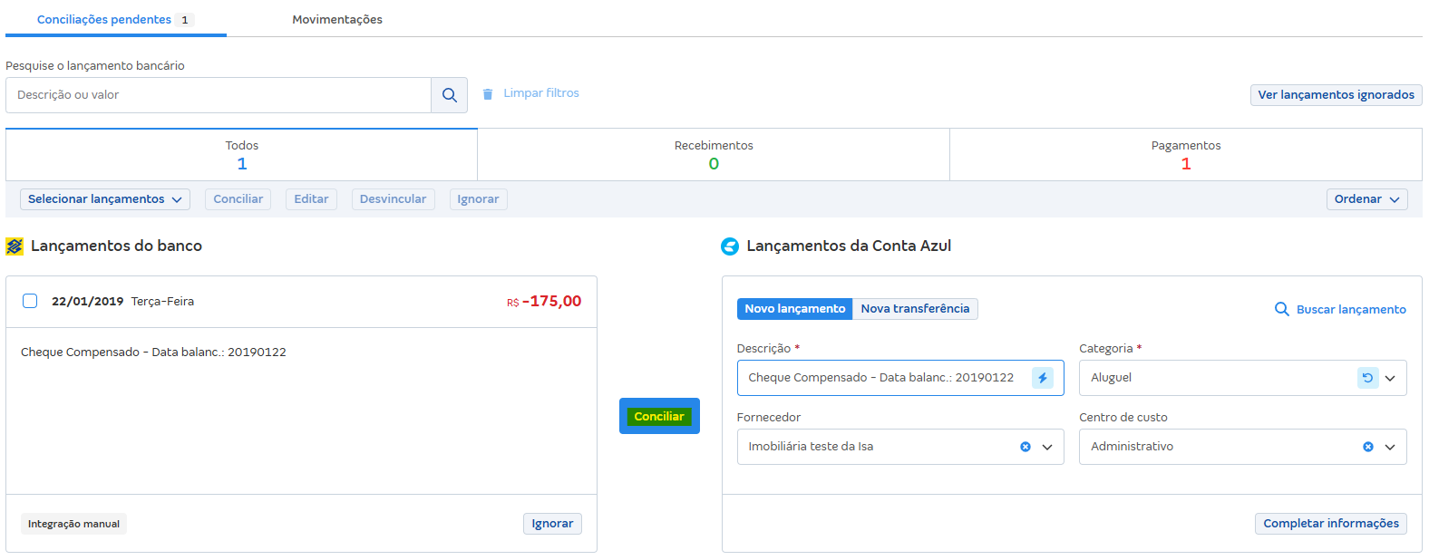 Tela de Conciliações pendentes com destaque para o botão Conciliar.