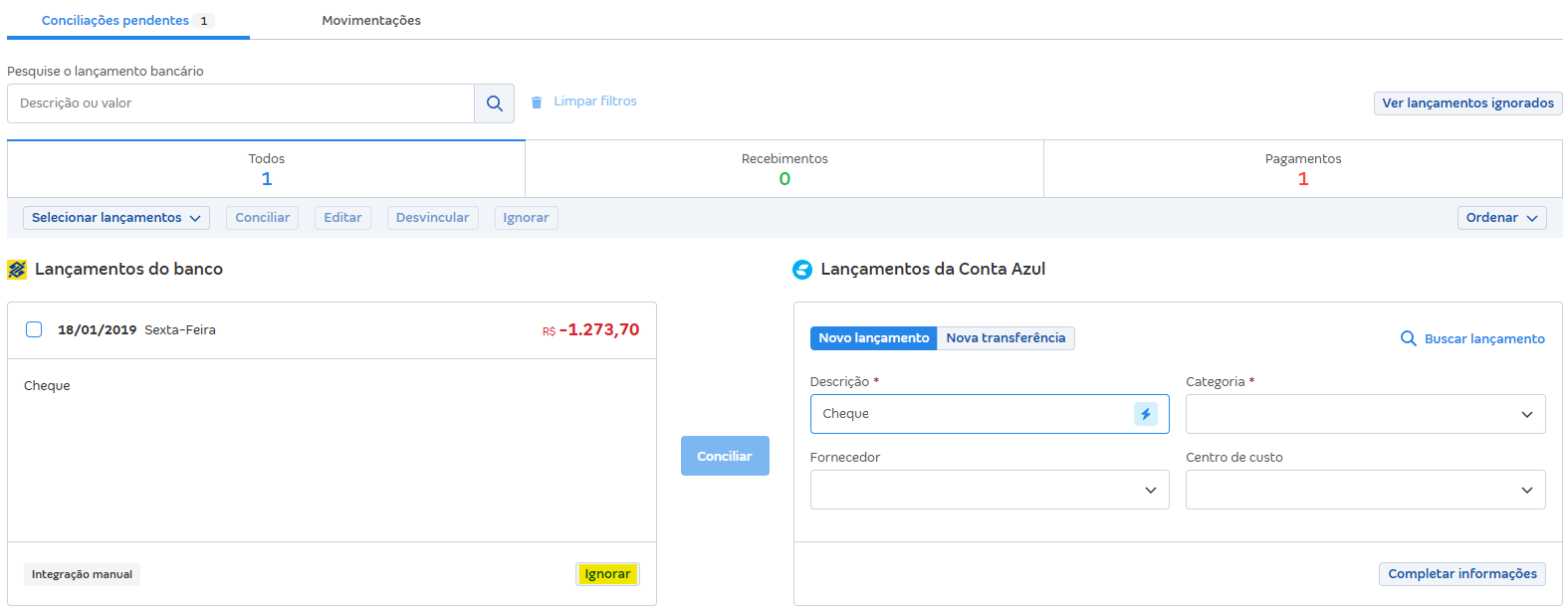 Tela de Conciliações pendentes com destaque para o botão Ignorar.