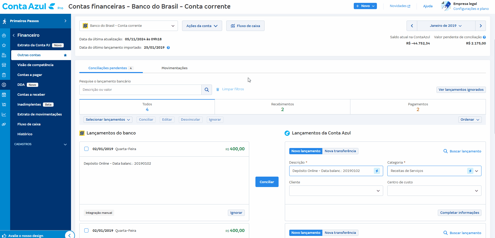 Passo a passo para buscar lançamento, realizar baixa parcial e conciliar várias movimentações do banco.