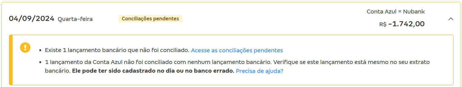 Tela com a mensagem Conciliações pendentes Existe lançamento bancário que não foi conciliado.