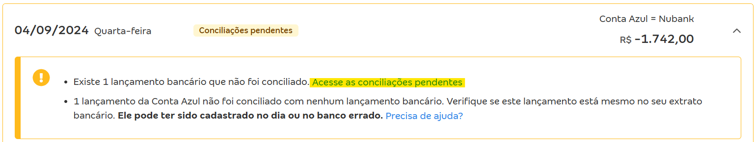 Tela de Movimentações com destaque para a mensagem Acesse as conciliações pendentes.
