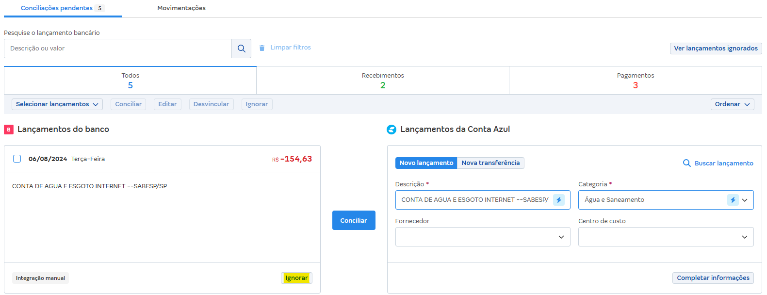 Tela de Conciliações pendentes com destaque para o botão Ignorar.