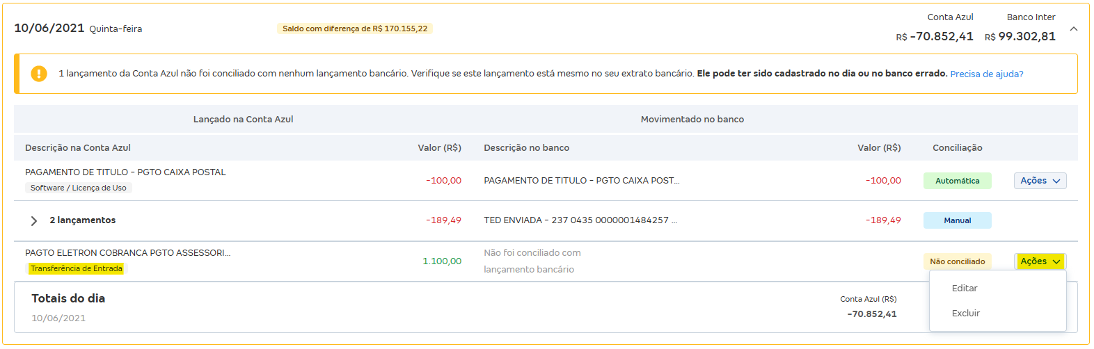 Tela de Movimentações com destaque para o botão Ações em uma transferência entre contas.