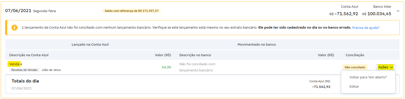 Tela de Movimentações com destaque para o botão Ações em um lançamento de venda.