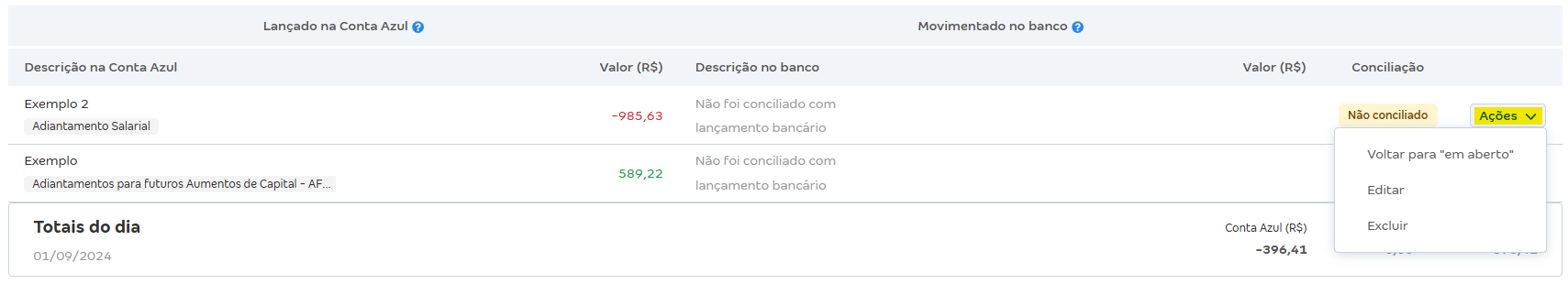 Tela de Movimentações com destaque para o botão Ações.