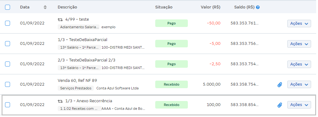 Tela de Extrato de movimentações com lançamentos baixados (pago ou recebido) e coluna de Saldo R$.
