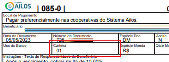 Tela modelo de boleto emitido pelo Ailos com destaque para o campo Número da carteira padrão.