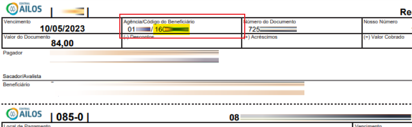 Tela modelo de boleto emitido pelo Ailos com destaque para o campo Código do beneficiário.