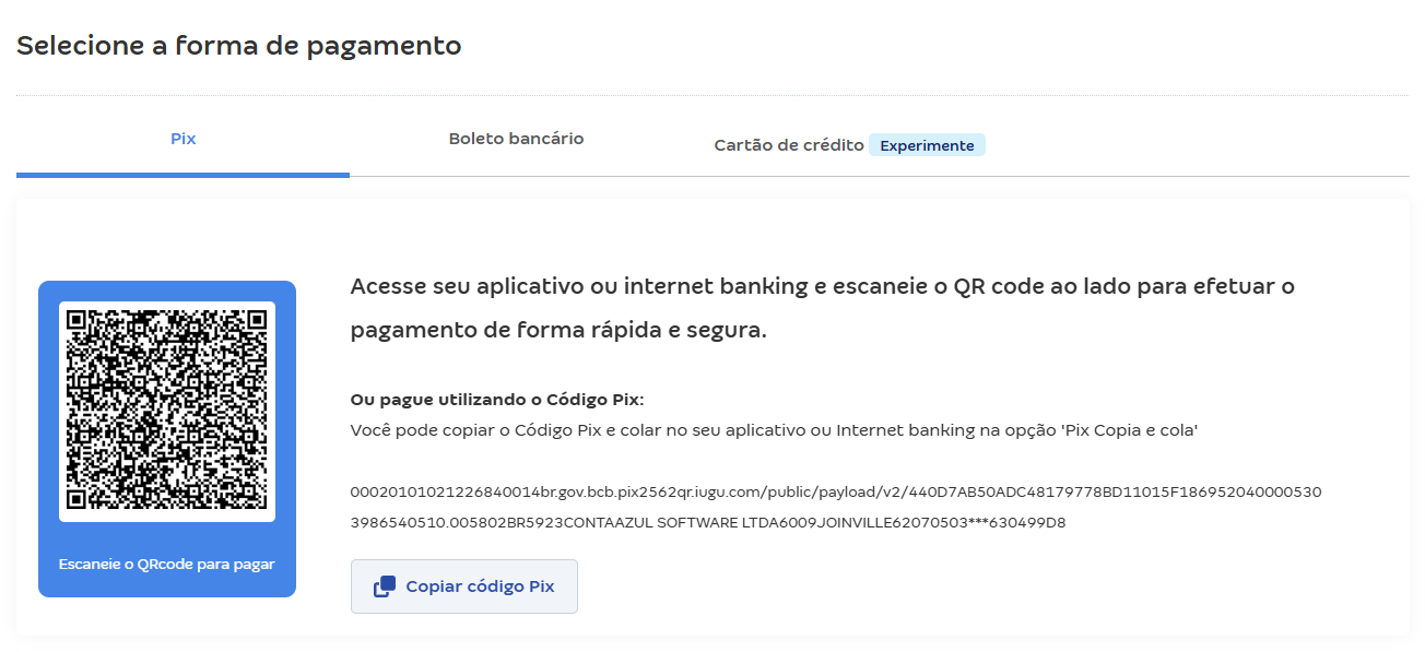 Tela da fatura do Boleto da Conta Azul com pagamento via Pix.