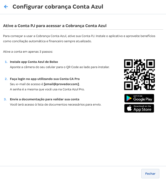 Tela de configuração e ativação da Conta PJ da Conta Azul com destaque para o QR Code de download do app.