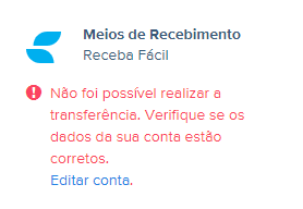 Tela de erro Não foi possível realizar a transferência. nas Cobranças da Conta Azul.