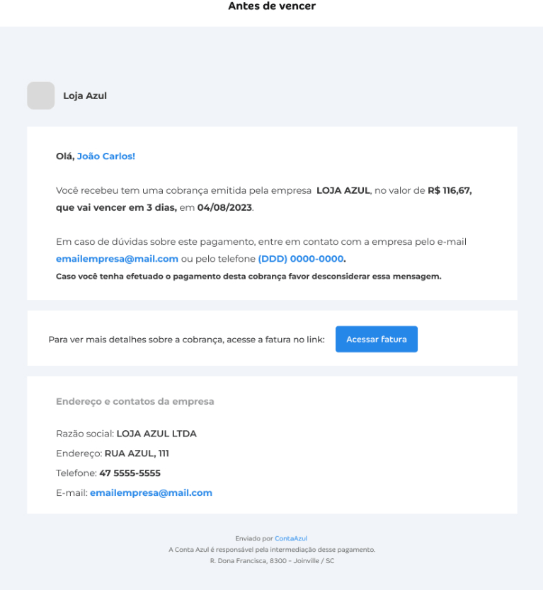 Tela de modelo de mensagens enviadas por E-mail.