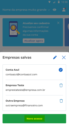 Tela do Conta Azul de Bolso com destaque para o botão Novo acesso.